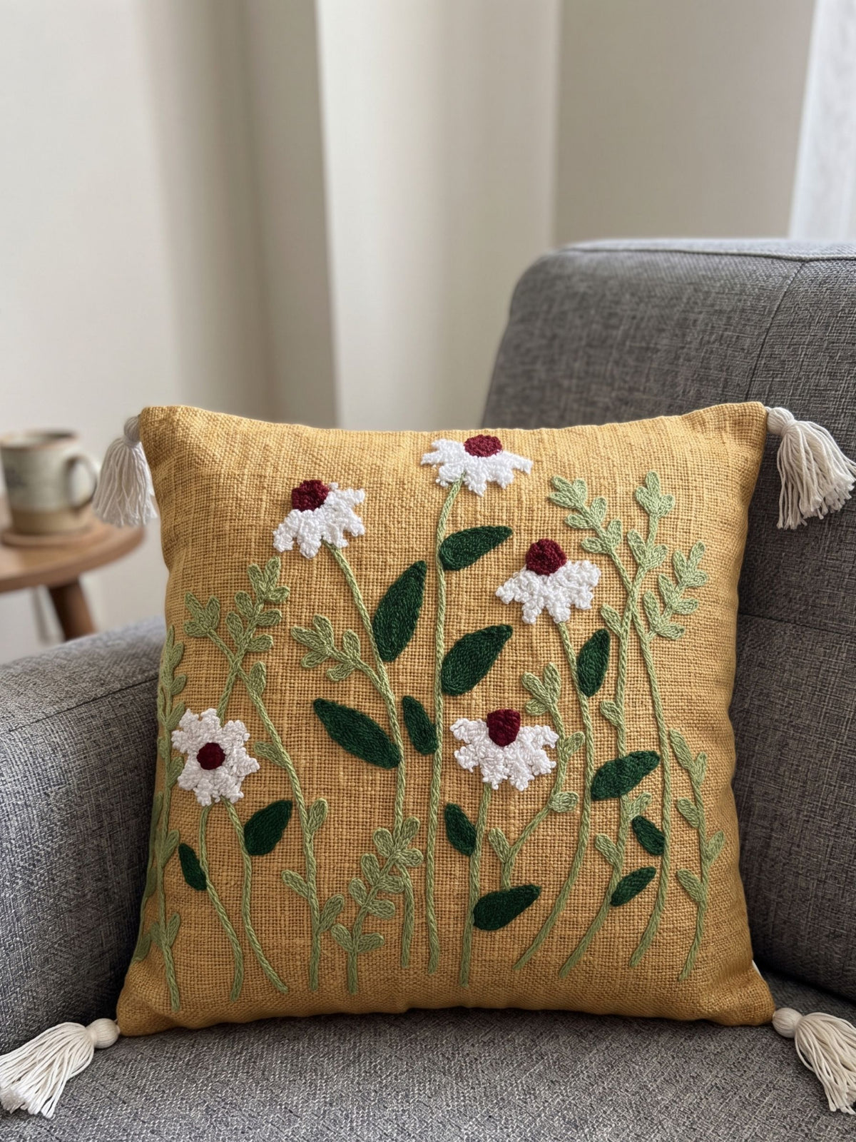 Embroidered Botanical Daisy Cushion Cover with Corner Tassels
