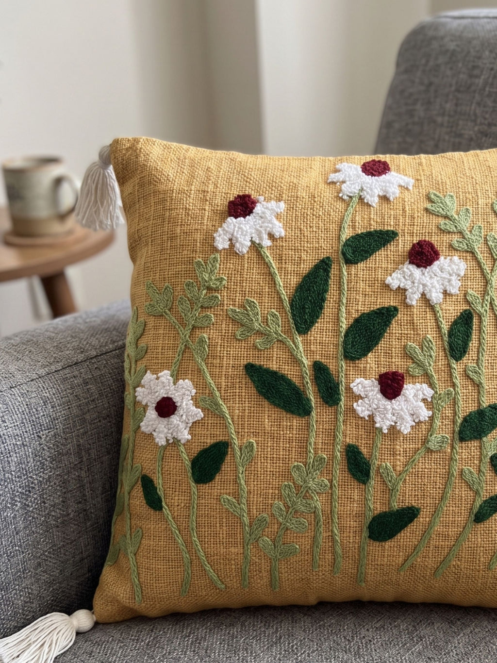 Embroidered Botanical Daisy Cushion Cover with Corner Tassels