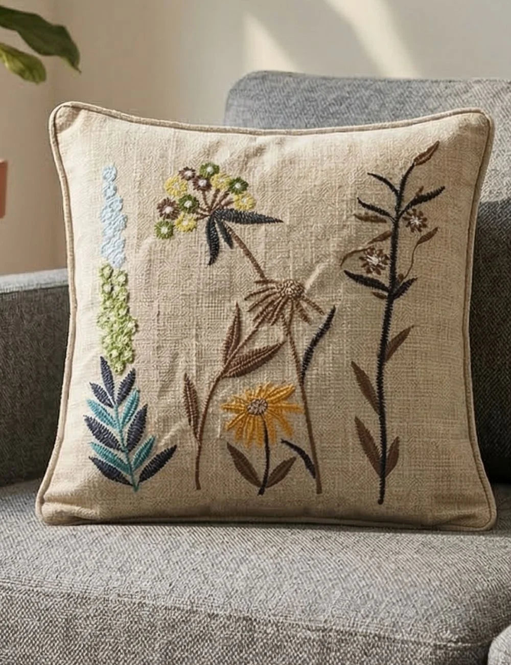Botanical Meadow Embroidered Cushion Cover