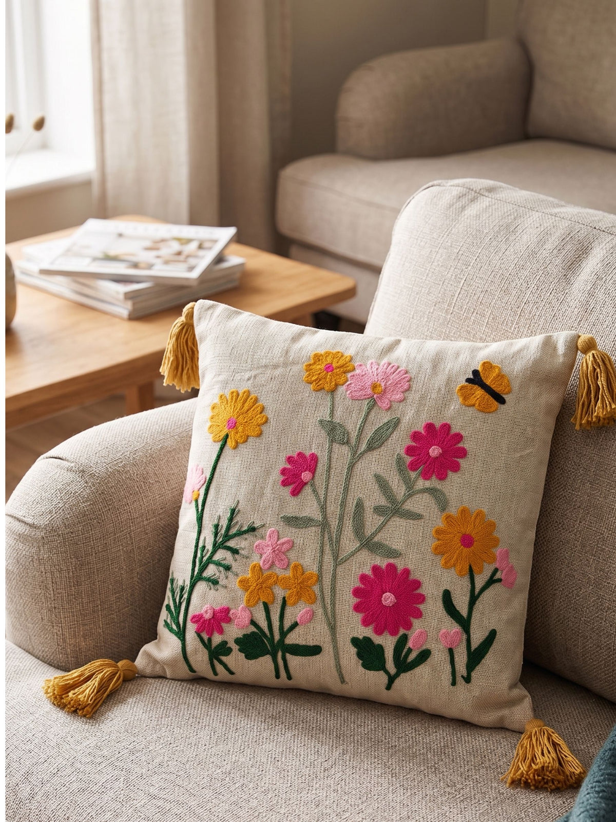 Embroidered Wildflower  Cushion Cover with Corner Tassels