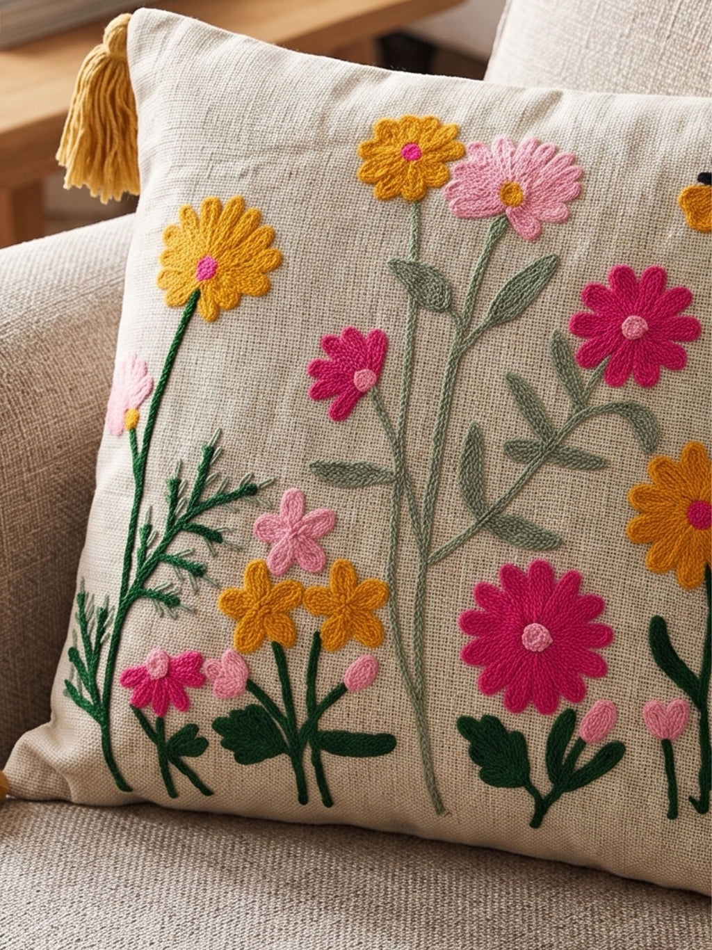 Embroidered Wildflower  Cushion Cover with Corner Tassels