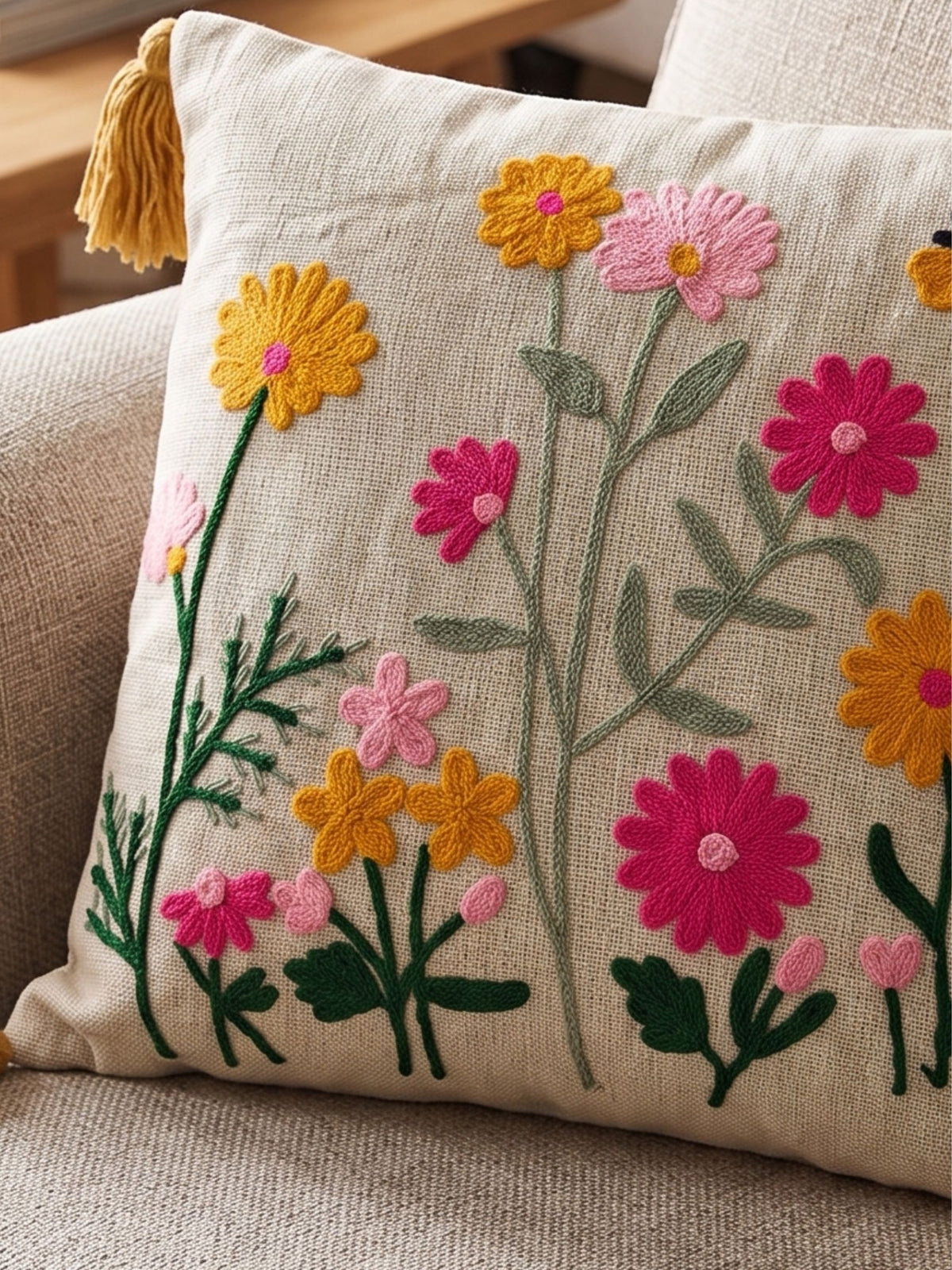 Embroidered Wildflower  Cushion Cover with Corner Tassels