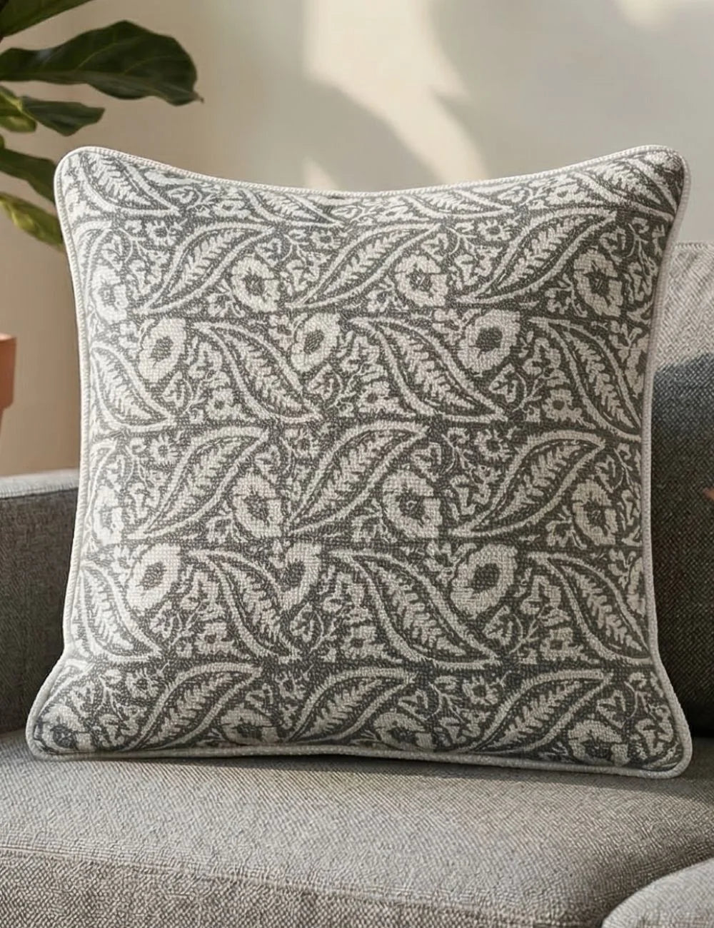 Classic Paisley Cushion Cover – Grey & Ivory Woven Design
