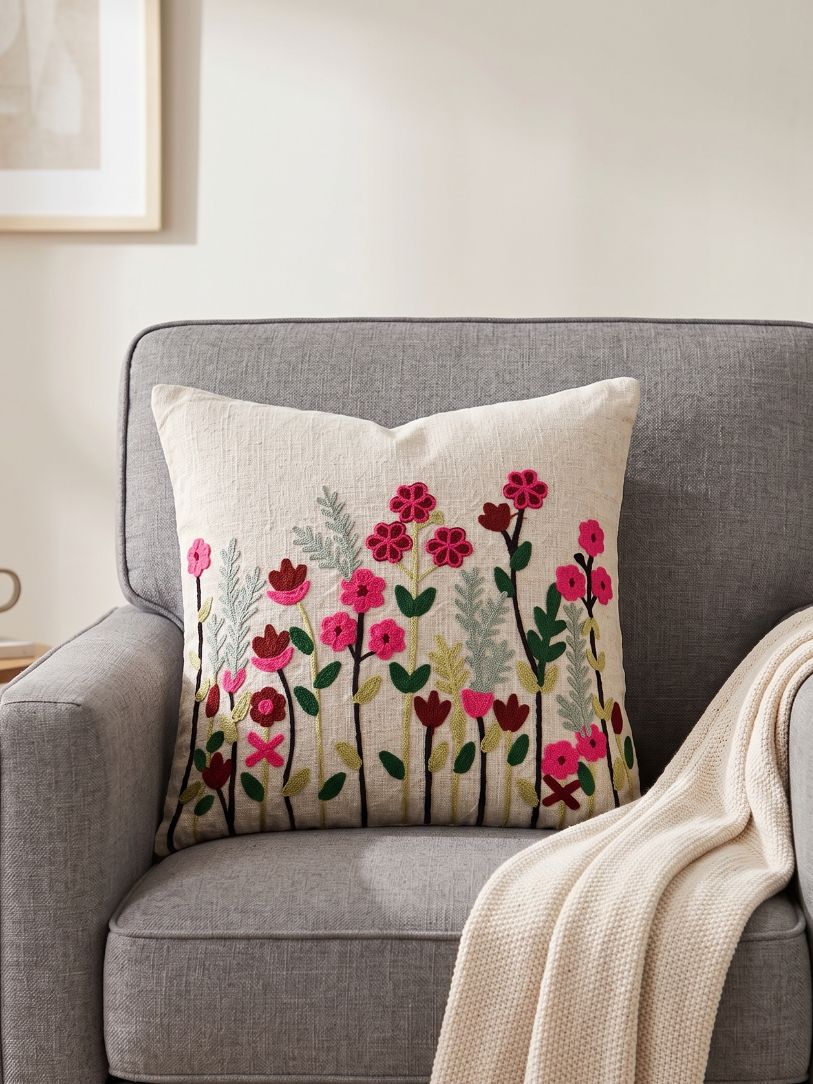 Blooming Meadow Embroidered Cushion Cover