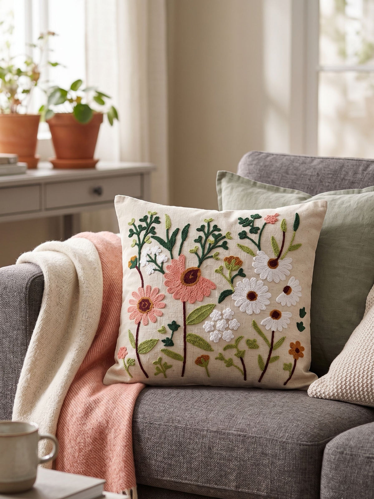 Embroidered Meadow Floral Cushion Cover