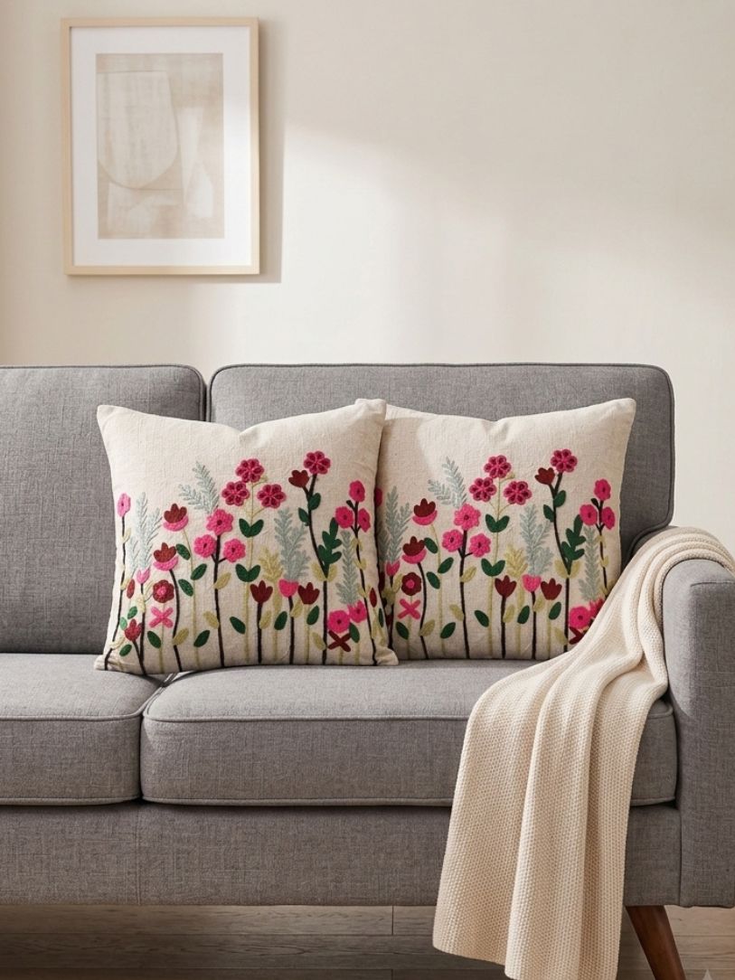 Blooming Meadow Embroidered Cushion Cover