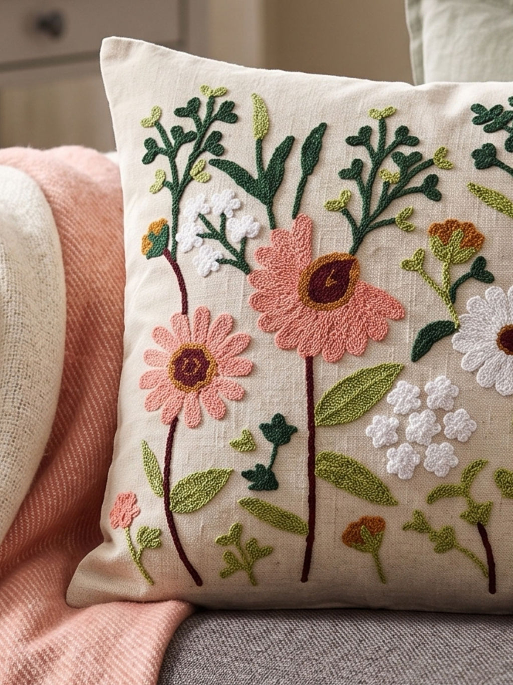 Embroidered Meadow Floral Cushion Cover
