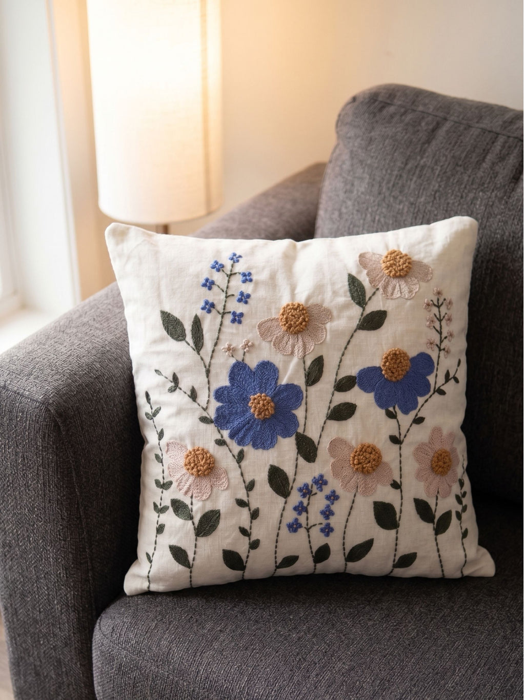 Embroidered Periwinkle & Wildflower Cushion Cover
