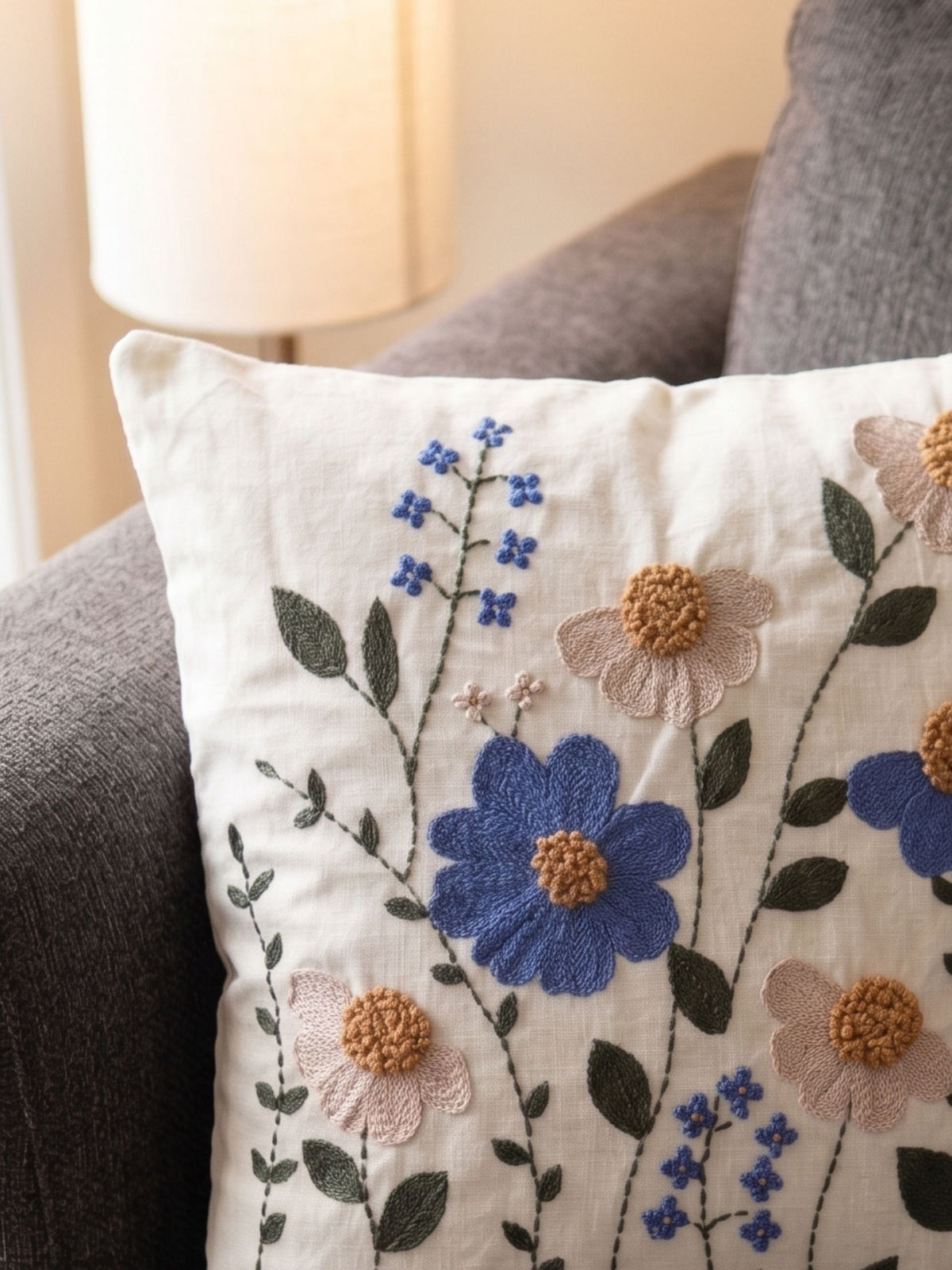 Embroidered Periwinkle & Wildflower Cushion Cover