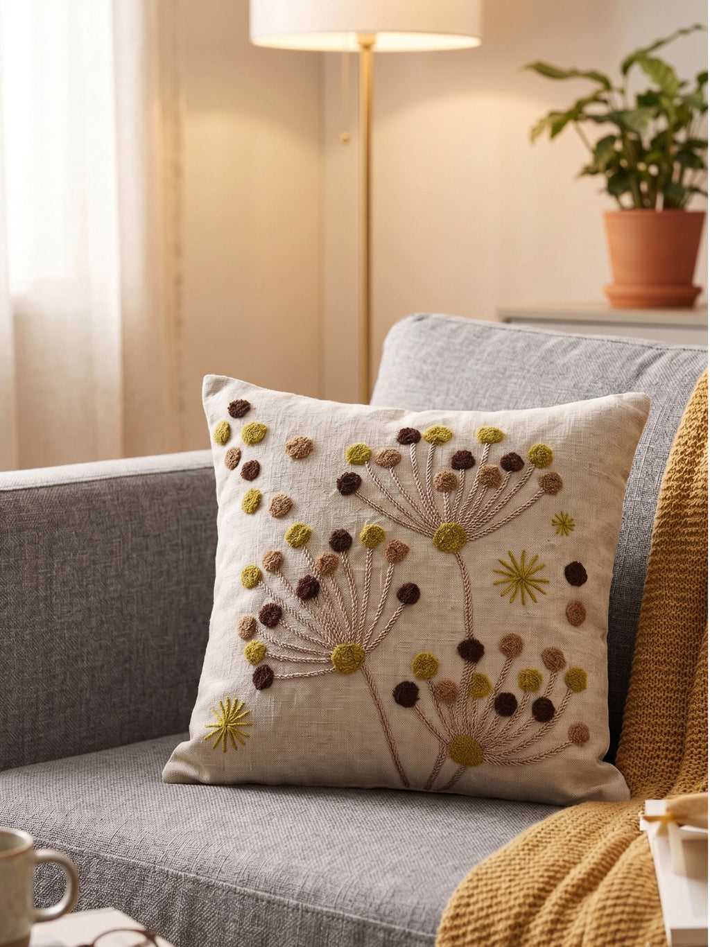 Embroidered Botanical Dandelion Cushion Cover