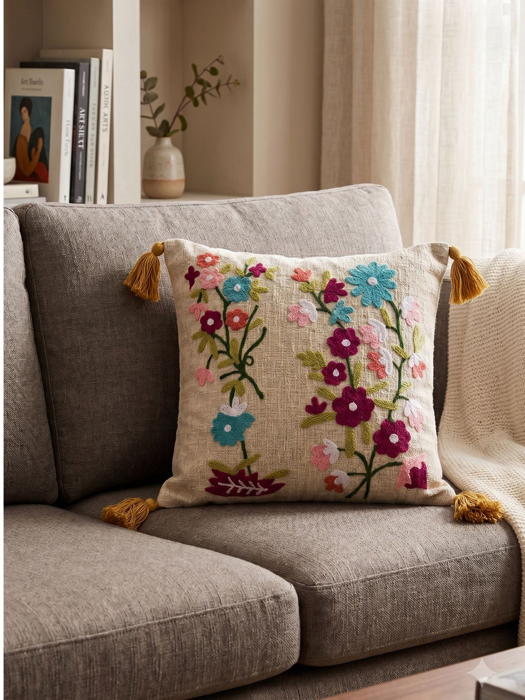 Embroidered Garden Trail Cushion Cover with Mustard Tassels