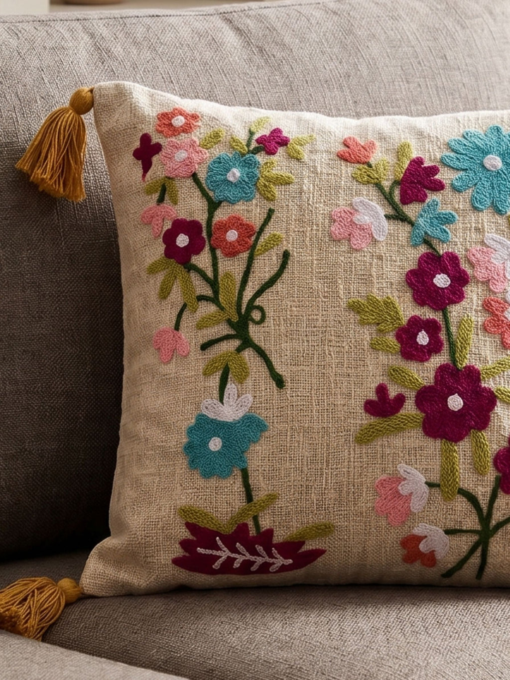 Embroidered Garden Trail Cushion Cover with Mustard Tassels