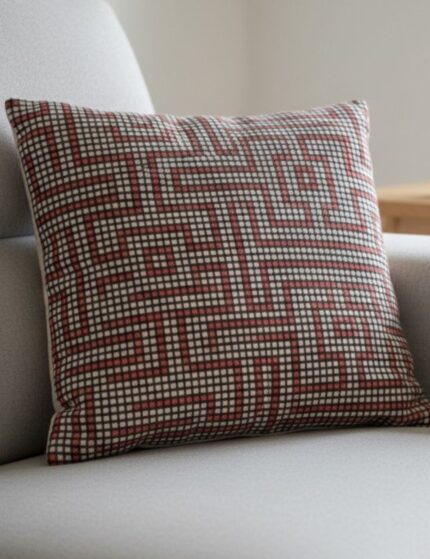 Geometric Maze Cushion Cover – Red & Neutral Woven Design